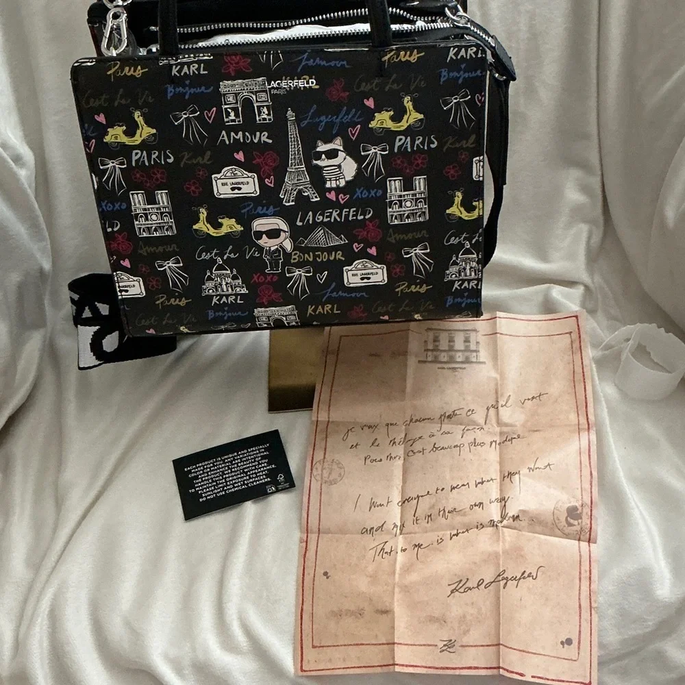 Karl Lagerfeld Black Paris Print Satchel with Multicolor Motifs